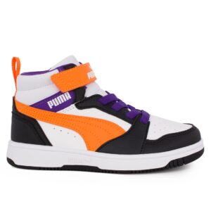 Puma Rebound V6 Mid AC+PS 393832 34 Παιδικό αθλητικό μποτάκι unisex σε συνθετικό οικολογικό δέρμα Άσπρο/Μάυρο/Πορτοκαλί/Μώβ