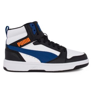 Puma Rebound V6 Mid Jr 393831 31 Παιδικό αθλητικό μποτάκι unisex σε συνθετικό οικολογικό δέρμα Άσπρο/μαύρο/μπλέ