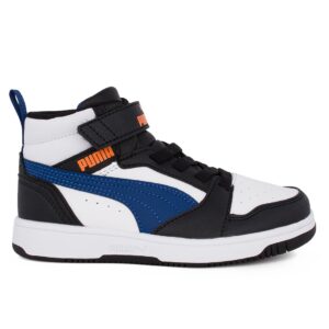 Puma Rebound V6 Mid Jr 393831 31 Παιδικό αθλητικό μποτάκι unisex σε συνθετικό οικολογικό δέρμα Άσπρο/μαύρο/μπλέ - Image 4