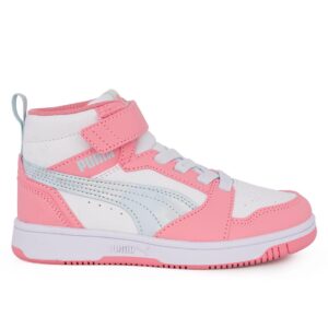 Puma Rebound V6 Mid Space Belle AC+PS 402770 01 Παιδικό αθλητικό μποτάκι για κορίτσι σε συνθετικό οικολογικό δέρμα Άσπρο/ροζ/ασημί