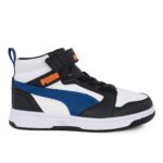 Puma Rebound V6 Mid AC+PS 393832 31 Παιδικό αθλητικό μποτάκι unisex σε συνθετικό οικολογικό δέρμα Άσπρο/Μαύρο/Μπλε