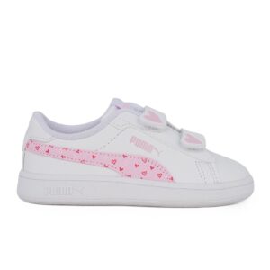 Puma Smash 3.0 Hearty V Inf 405639 01 Παιδικό sneaker για κορίτσι σε οικολογικό δέρμα Λευκό/Ροζ/Καρδιές
